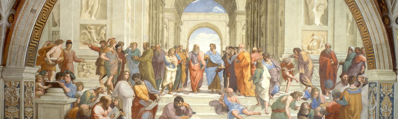 Plato, Aristotle, and other figures converse